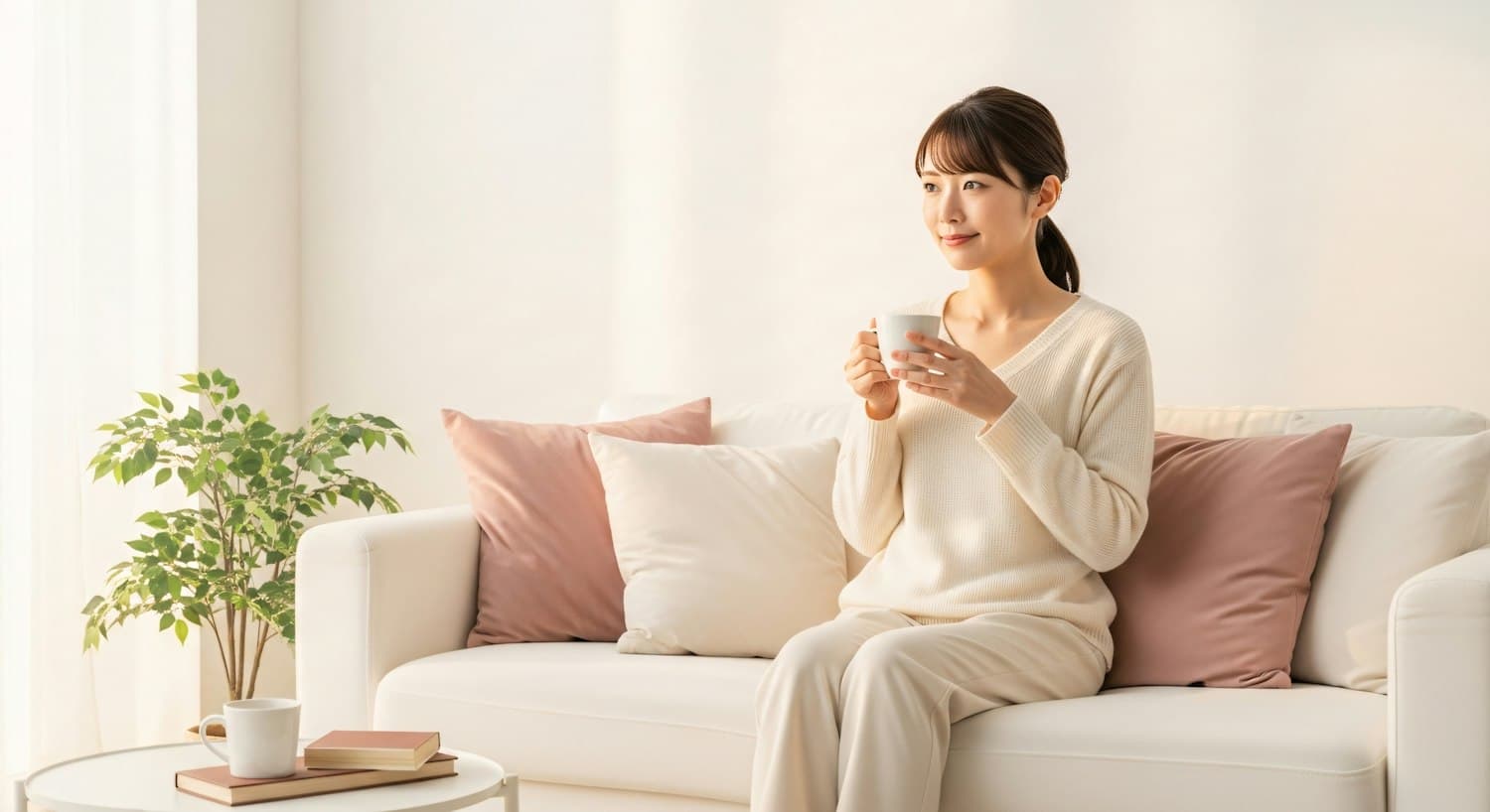 A woman resting on a sofa at home, holding a warm cup of tea and looking calm and at ease