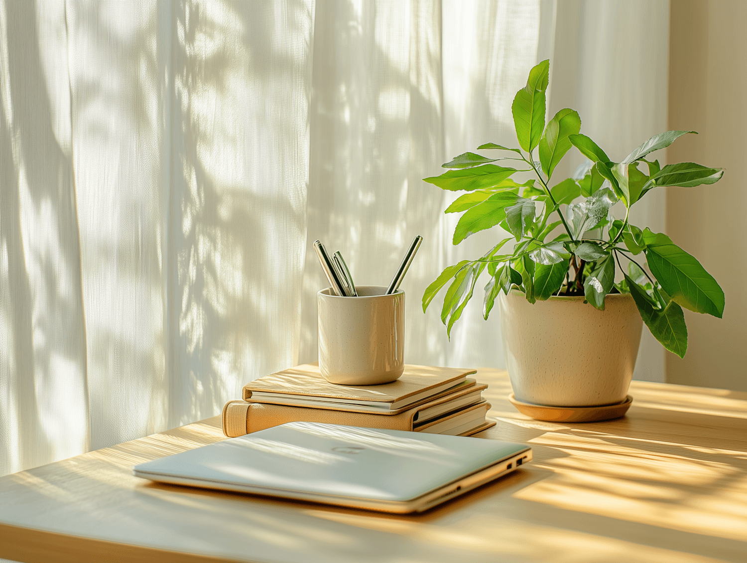 A sunlit desk with a laptop, notebooks and a leafy plant beside a sheer curtain